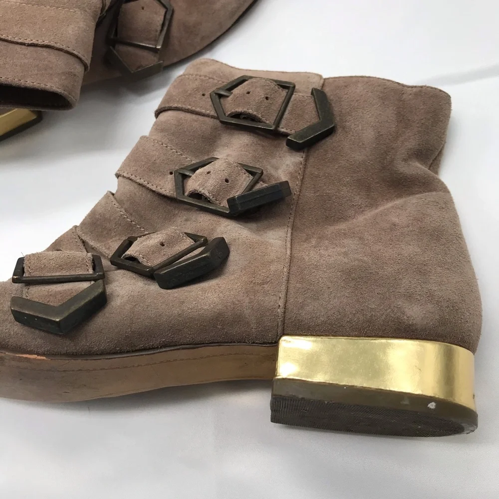 Sam Edelman Nolan tan moto style buckle ankle boots gold metal heel size 6 M